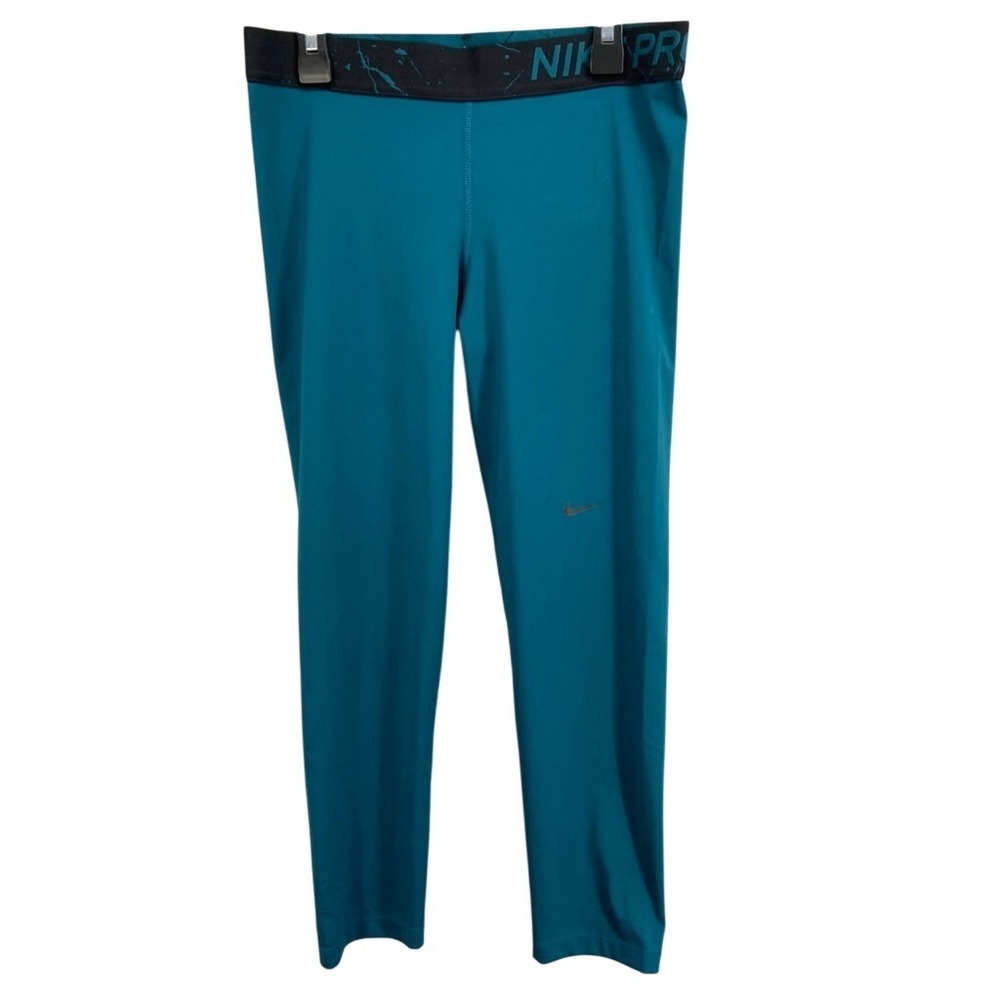 Nike Pro Dri Fit Teal Compression Leggings Womens L "Just Do It" Logo Crop Teal
